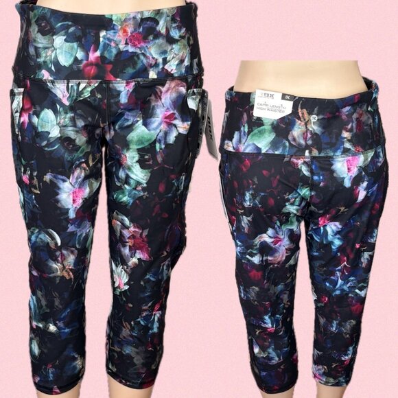 RBX +1X Floral Print Wide Waistband High Waisted Wicking Pockets Capri Leggings - Picture 1 of 6